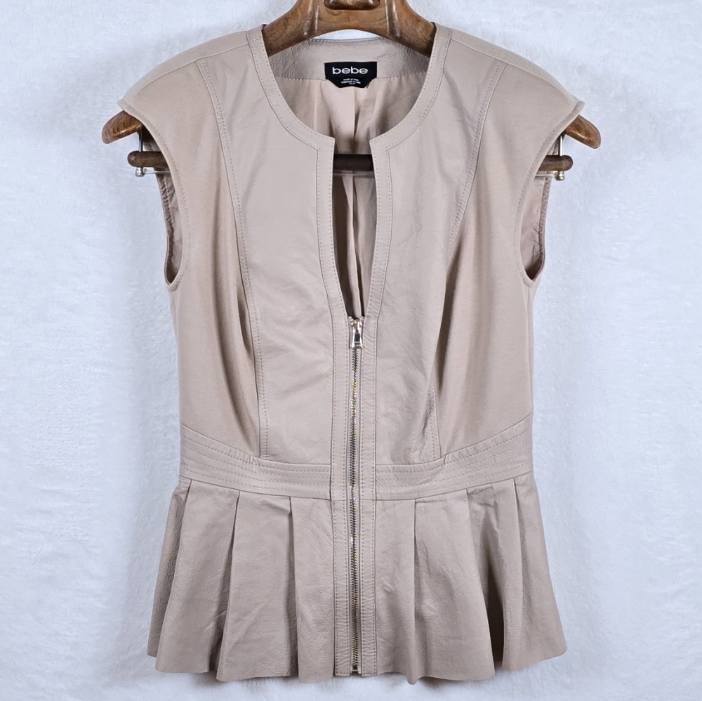 Y2k Bebe 100% Leather Mix Peplum Vest XS Tan Zip Front Sleeveless Moto Jacket